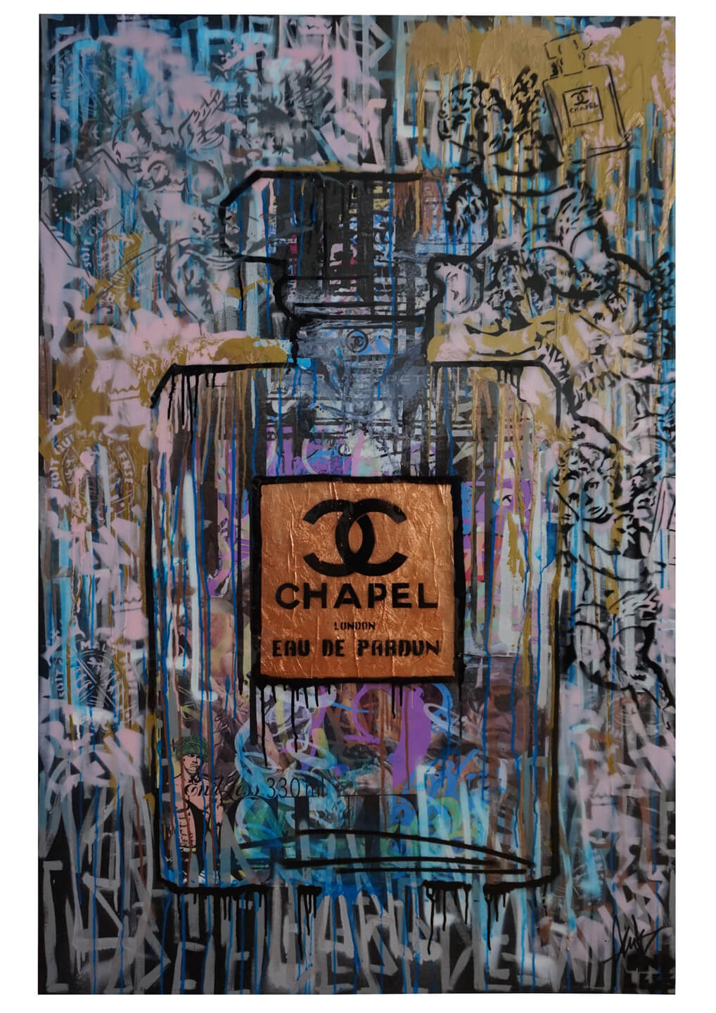 CHAPEL CHERUB DRIPS, 102 x 152cm, mixed media on canvas with a resin finish